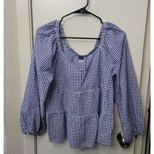 Old Navy Tiered Seersucker Long Sleeve Swing Top Size Medium Plaid Blue White
